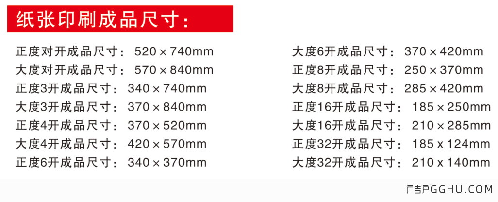 纸张印刷成品尺寸