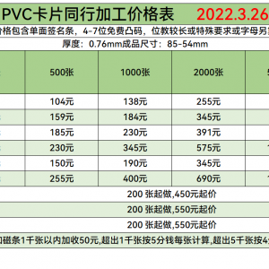 PVC卡片同行加工价格表2022年3月26日
